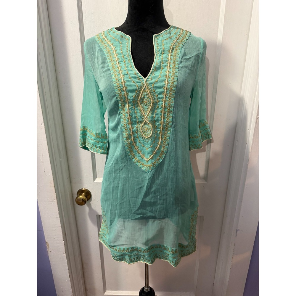 Theme Mint Sheer Tunic Top with Gold‎ Accents in S
